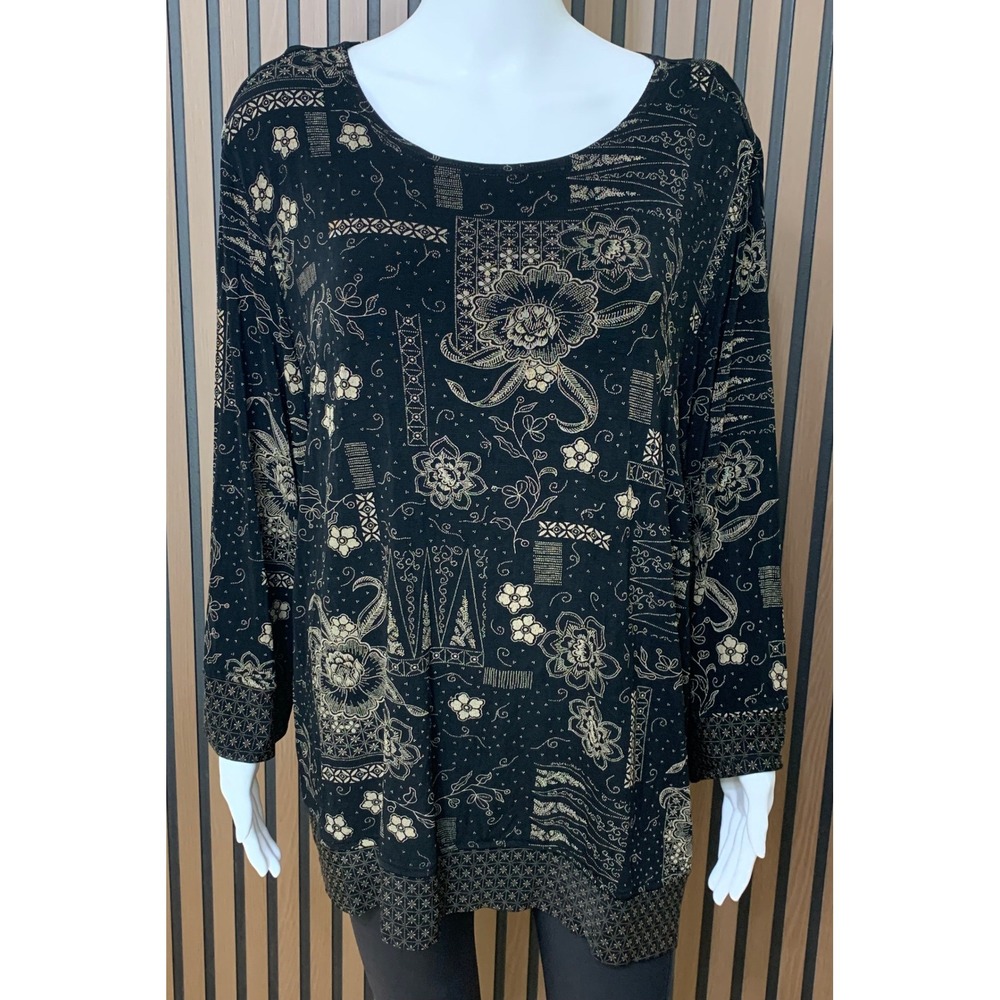 Coldwater Creek 3X Black Gold Floral Batik Print Tunic Top Long Sleeve Lagenlook